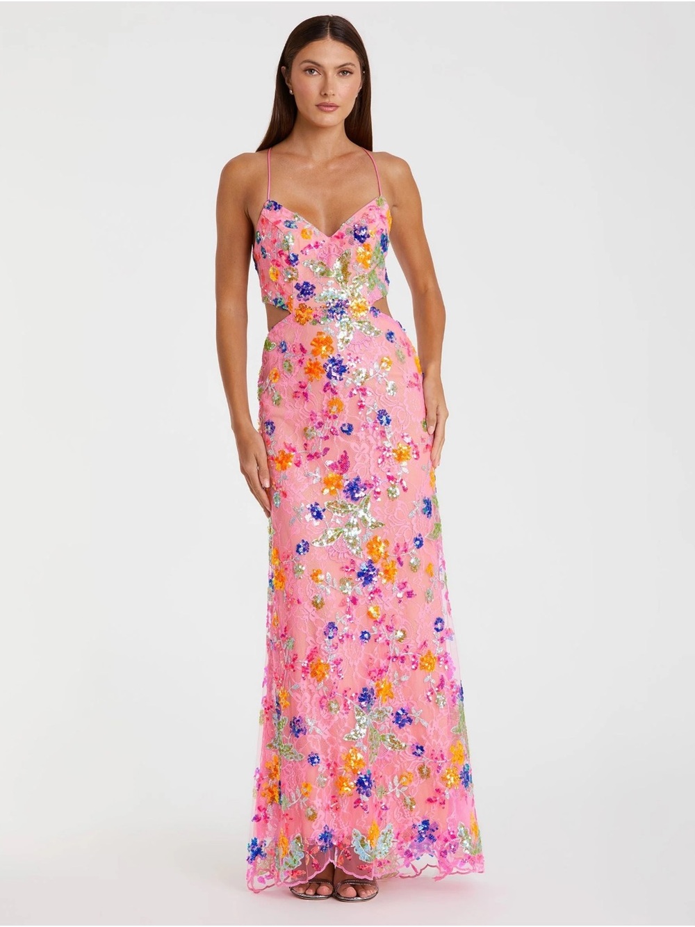Mac Dougall Pink Embellished Lace Strappy Column Gown